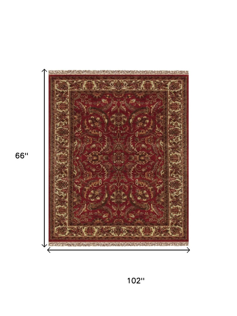 5' X 8' Red Ivory And Gold Wool Oriental Hand Knotted Area Rug With Fringe Homeroots Home Decor