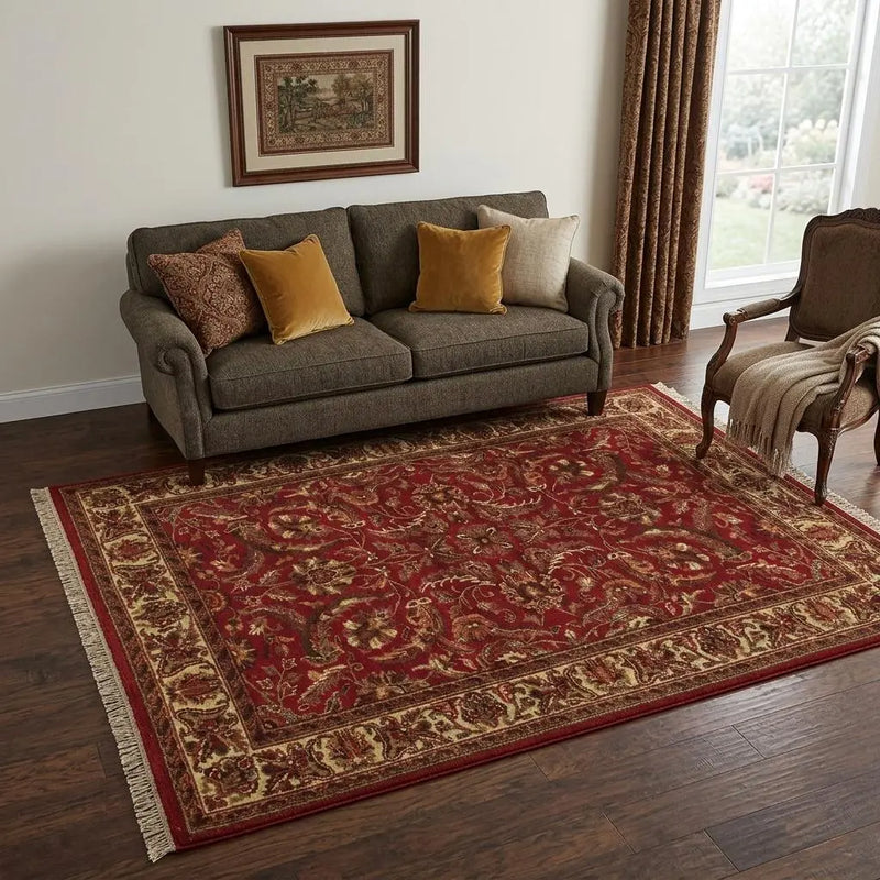 5' X 8' Red Ivory And Gold Wool Oriental Hand Knotted Area Rug With Fringe Homeroots Home Decor