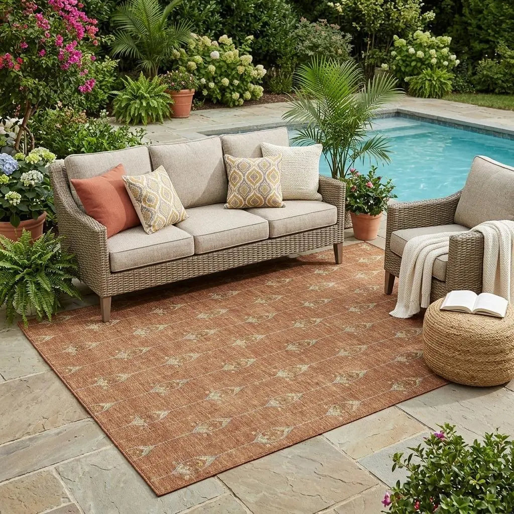 5' X 8' Rust And Linen Geometric Washable Indoor Outdoor Area Rug Homeroots Outdoor