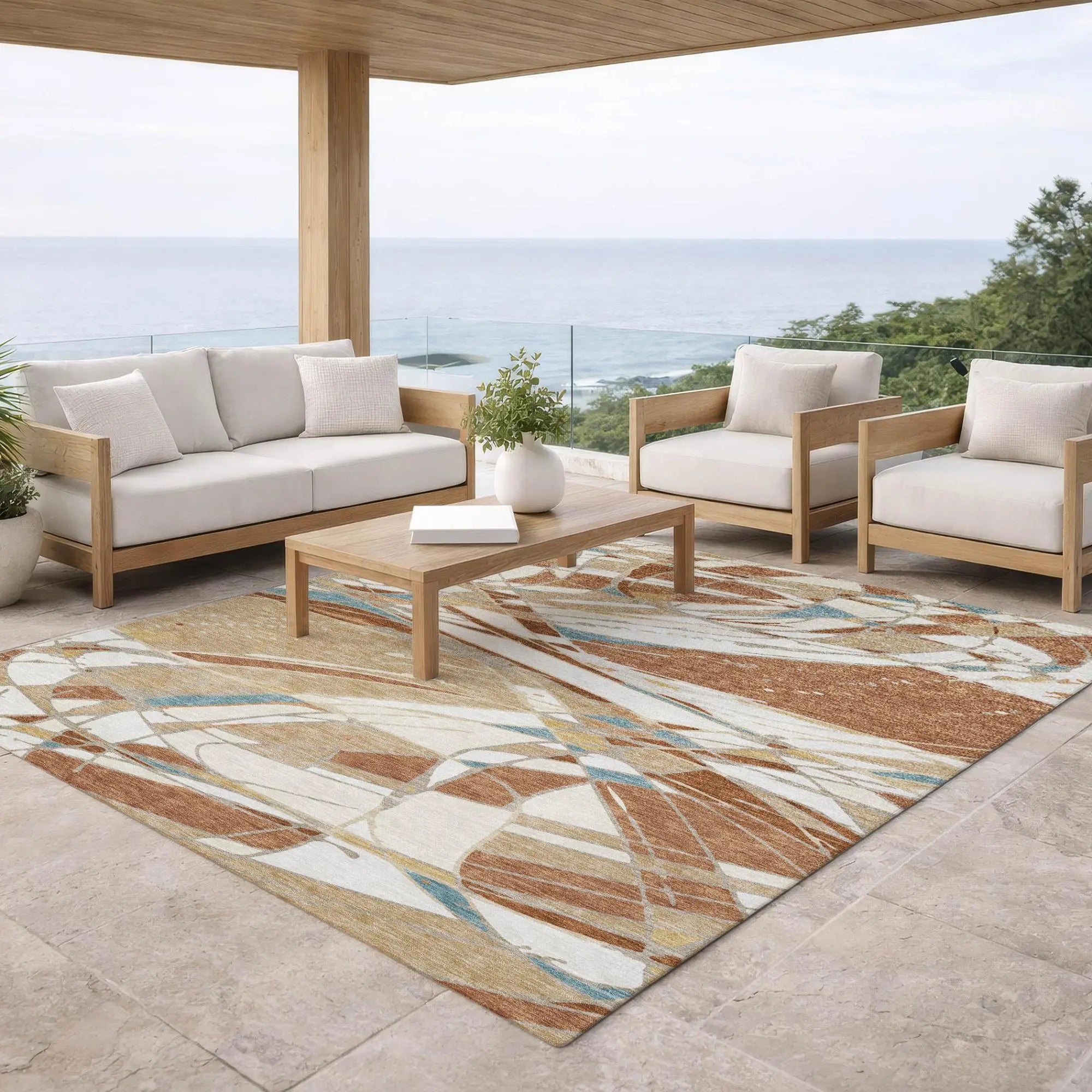 5' X 8' Rust And Orange Abstract Washable Indoor Outdoor Area Rug Homeroots Outdoor