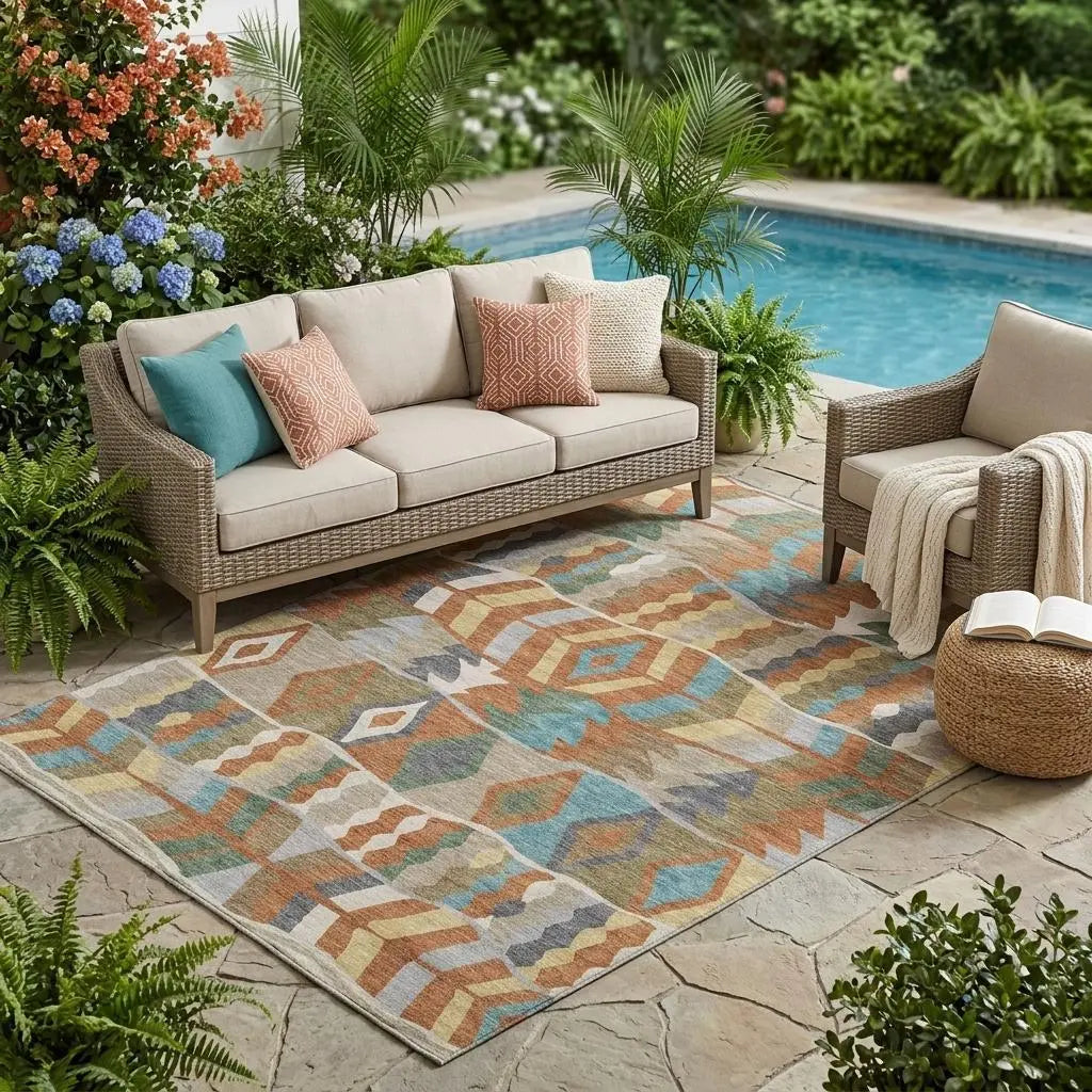 5' X 8' Rust And Orange Geometric Washable Indoor Outdoor Area Rug Homeroots Outdoor