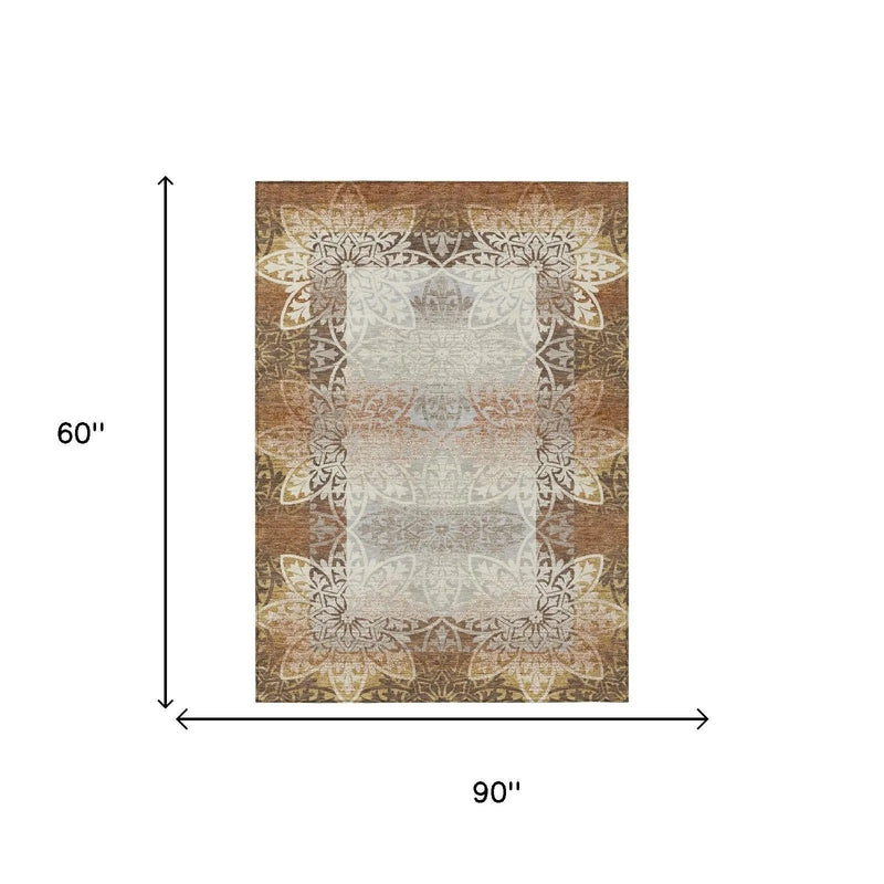 5' X 8' Rust And Orange Oriental Washable Indoor Outdoor Area Rug Homeroots Outdoor