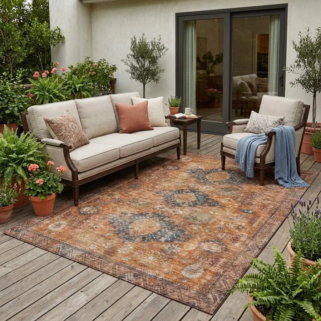 5' X 8' Rust And Orange Oriental Washable Indoor Outdoor Area Rug Homeroots Outdoor