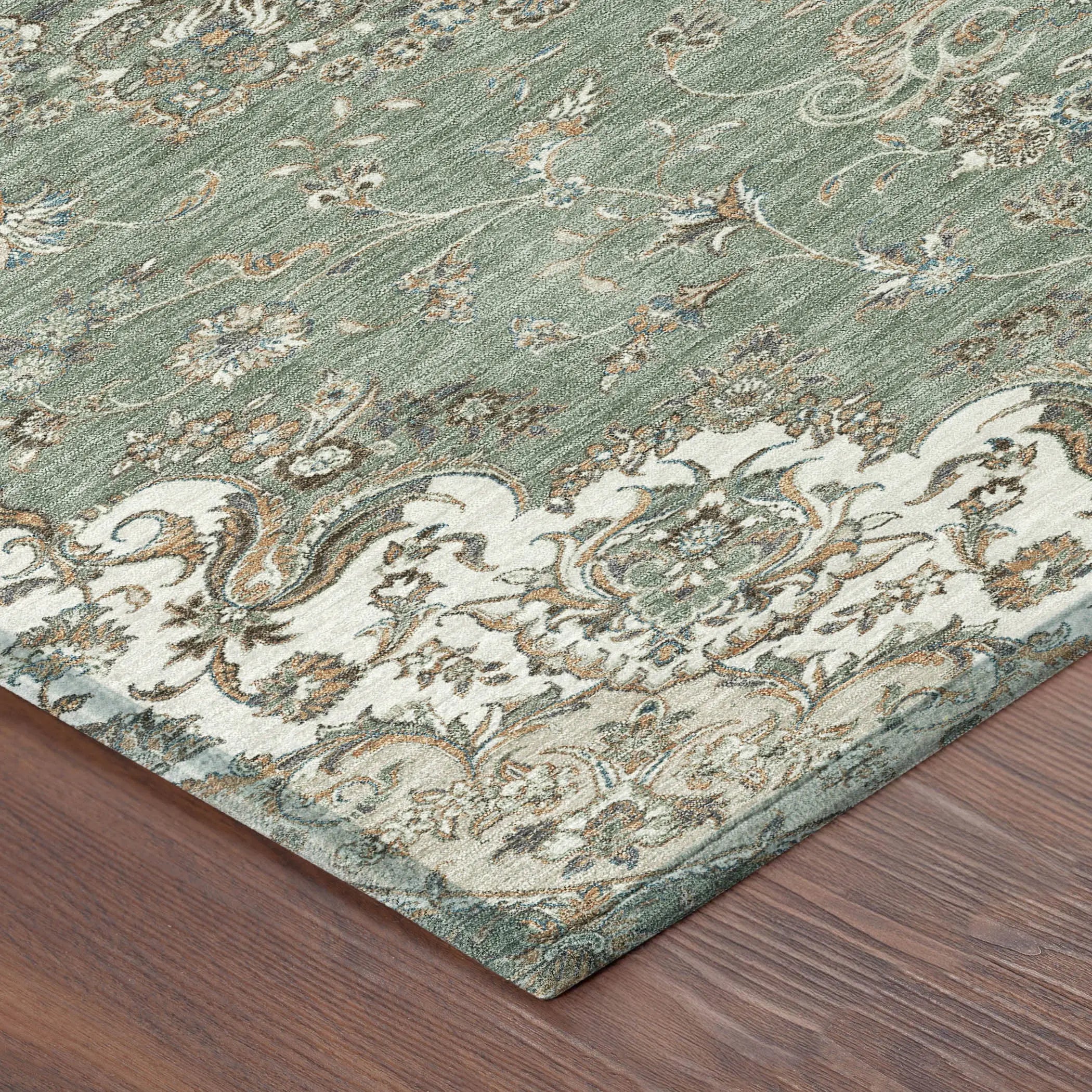 5' X 8' Sage And Beige Floral Medallion Washable Indoor Outdoor Area Rug Homeroots Outdoor