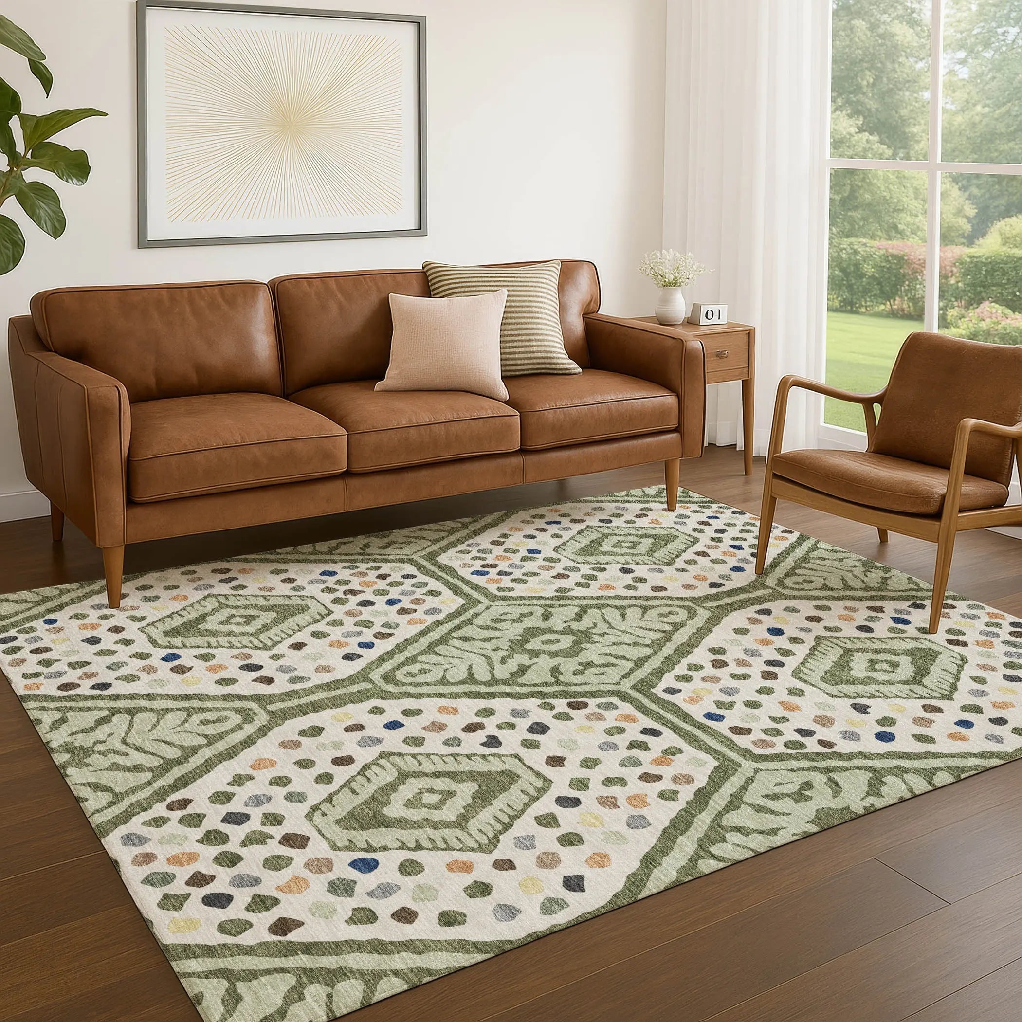 5' X 8' Sage And Beige Tribal Washable Indoor Outdoor Area Rug Homeroots Outdoor
