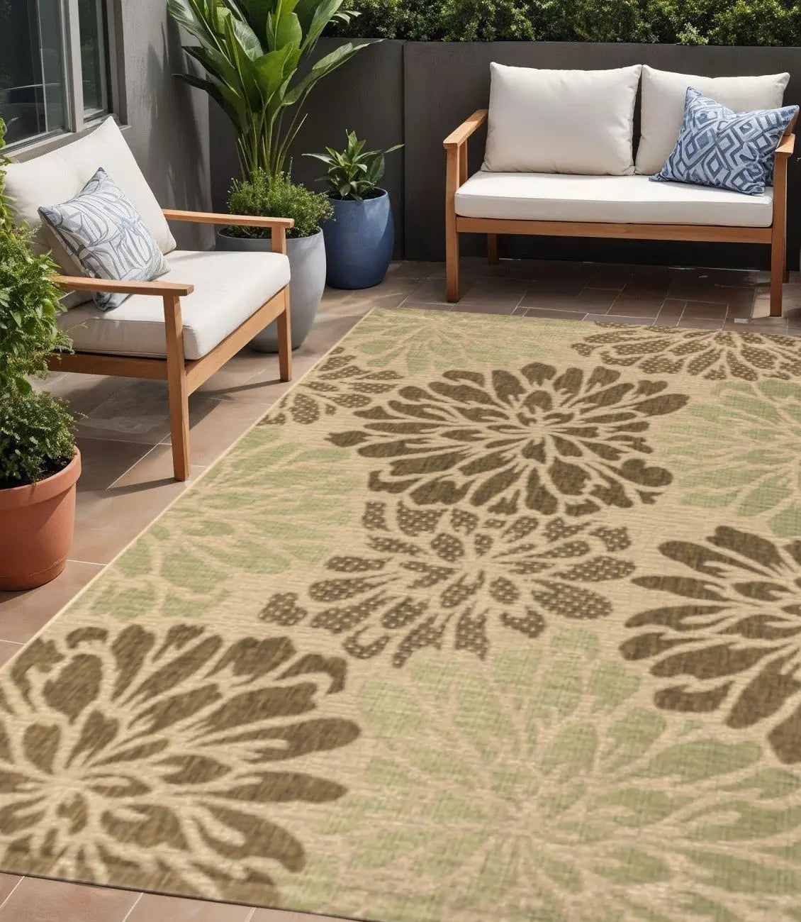 5' X 8' Sage And Brown Floral Indoor Outdoor Area Rug Homeroots Outdoor