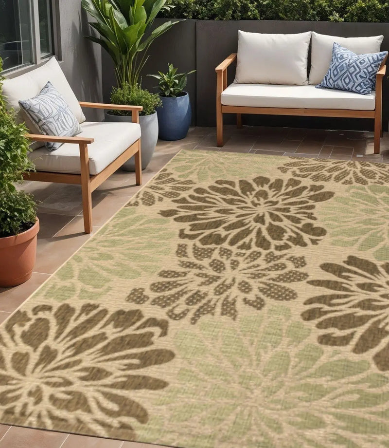 5' X 8' Sage And Brown Floral Indoor Outdoor Area Rug Homeroots Outdoor