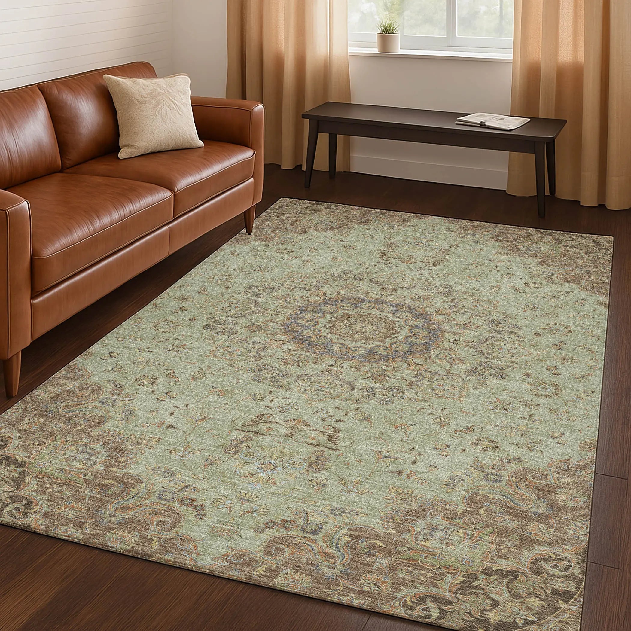 5' X 8' Sage And Brown Floral Medallion Washable Indoor Outdoor Area Rug Homeroots Outdoor