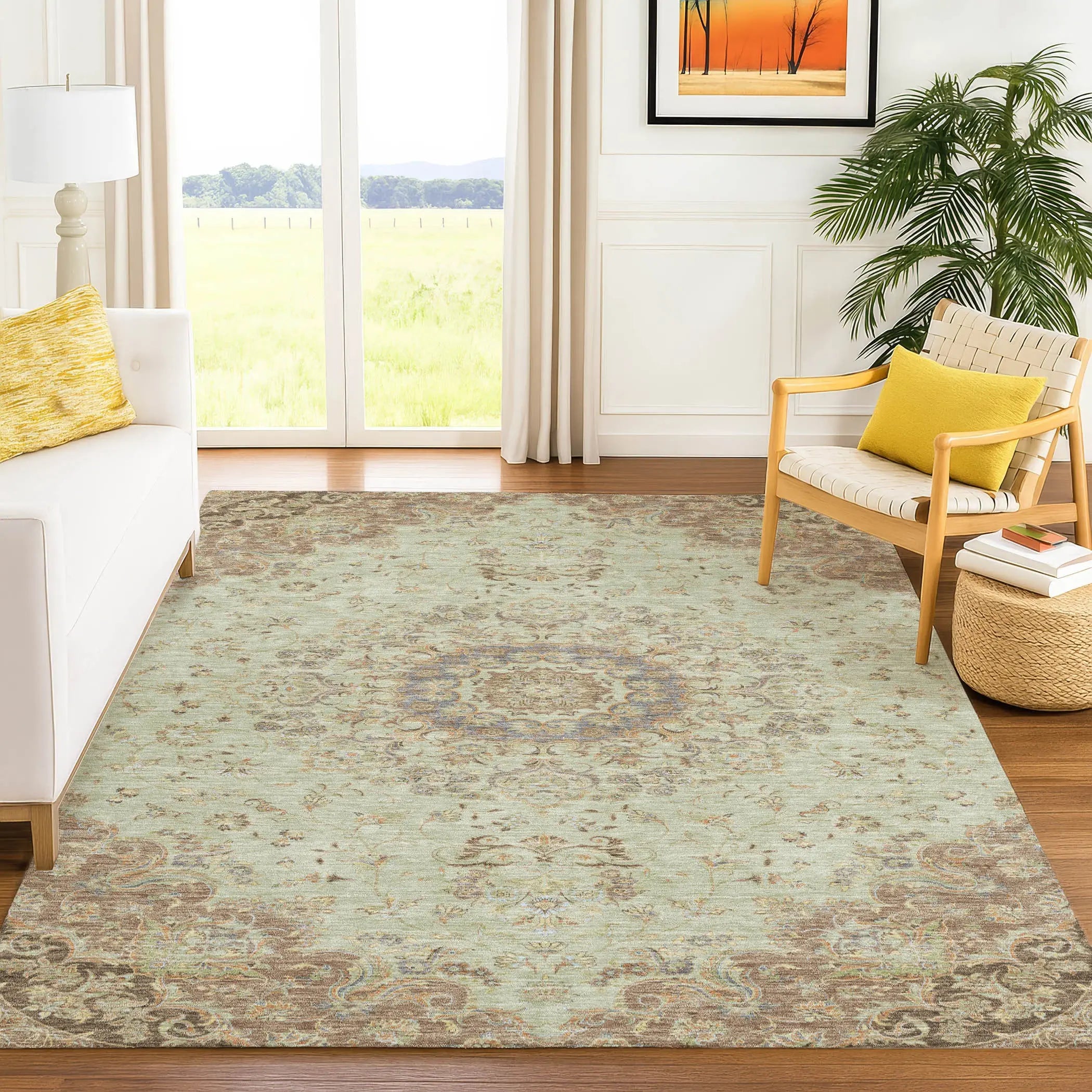 5' X 8' Sage And Brown Floral Medallion Washable Indoor Outdoor Area Rug Homeroots Outdoor