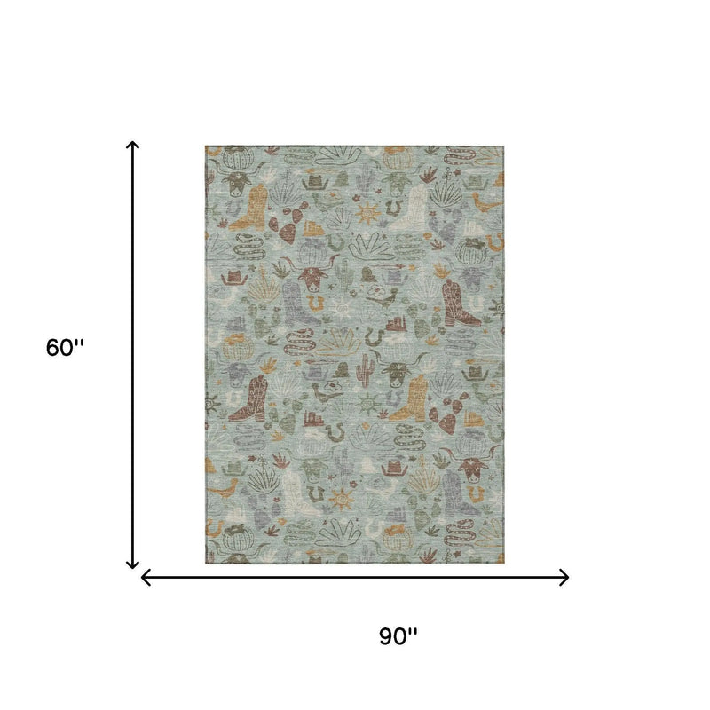 5' X 8' Sage And Gold Cactus Washable Indoor Outdoor Area Rug Homeroots Outdoor