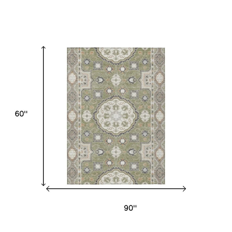 5' X 8' Sage And Green Floral Medallion Washable Indoor Outdoor Area Rug Homeroots Outdoor