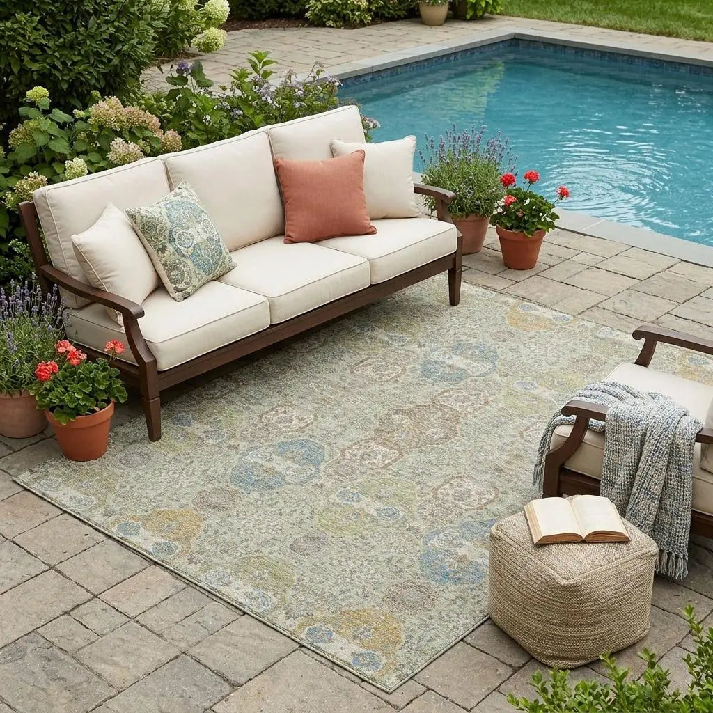 5' X 8' Sage And Green Floral Washable Indoor Outdoor Area Rug Homeroots Outdoor