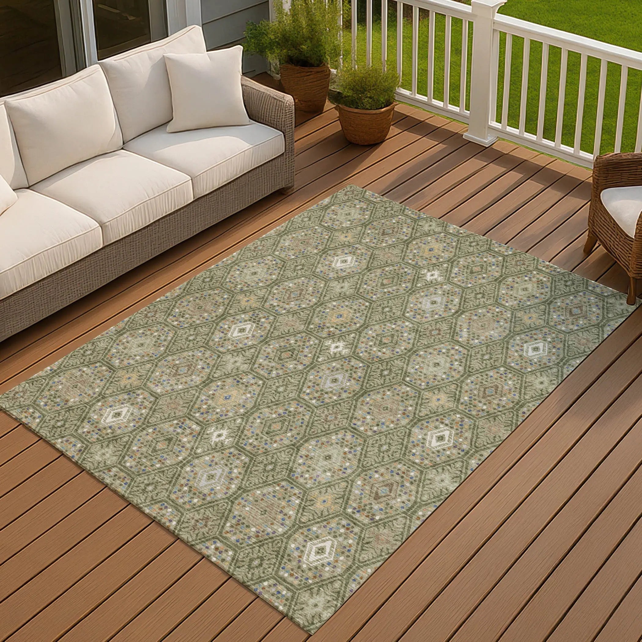 5' X 8' Sage And Green Geometric Washable Indoor Outdoor Area Rug Homeroots Outdoor