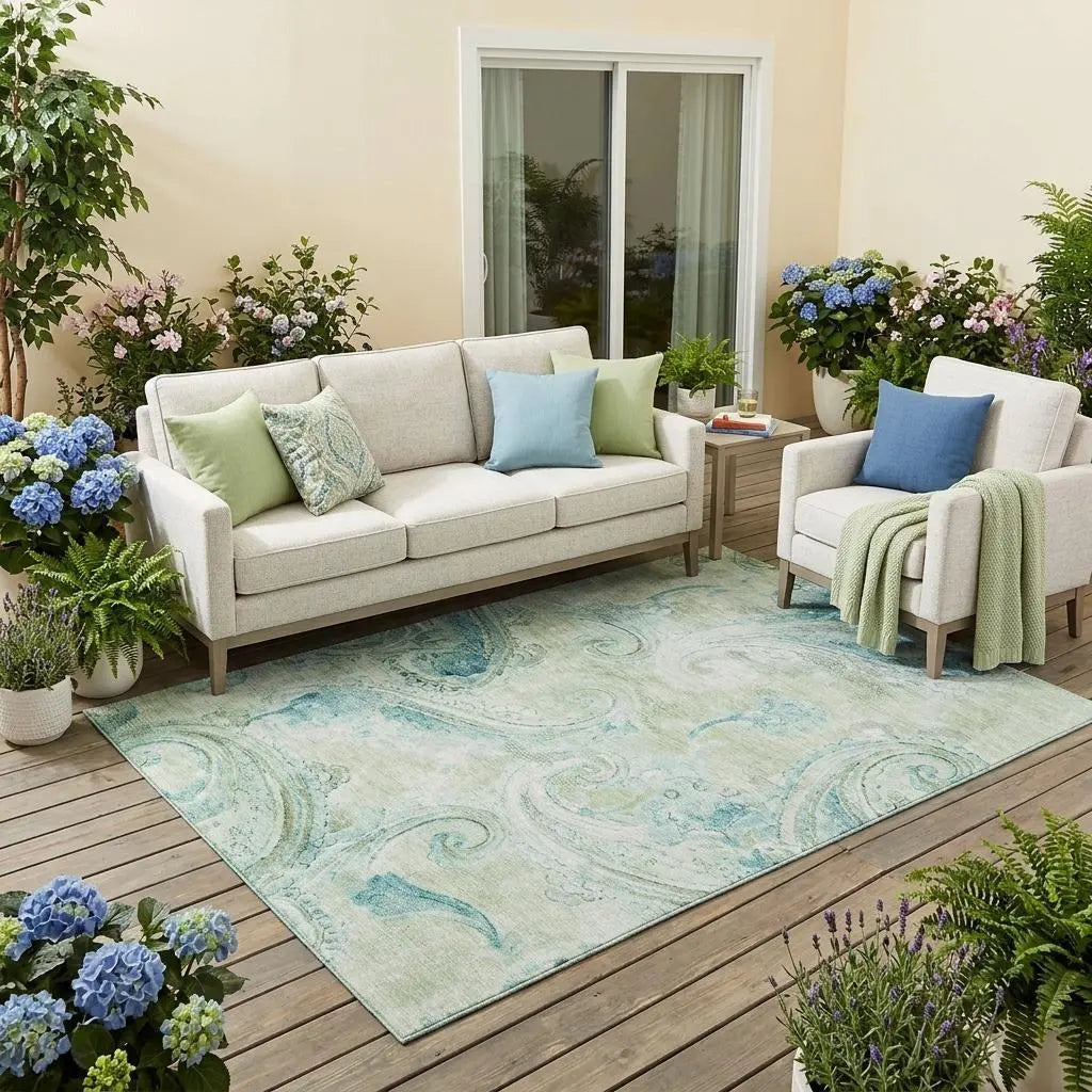 5' X 8' Sage And Green Paisley Washable Indoor Outdoor Area Rug Homeroots Outdoor