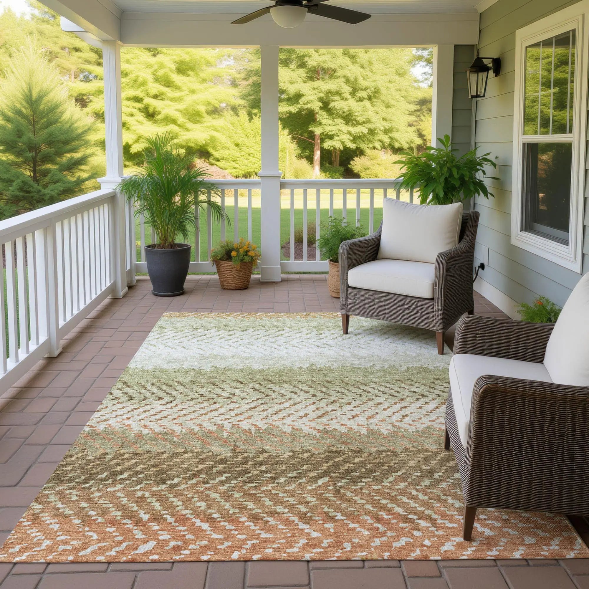 5' X 8' Sage And Green Striped Washable Indoor Outdoor Area Rug Homeroots Outdoor