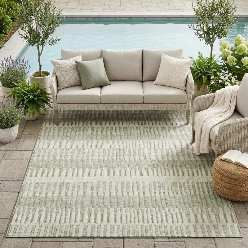 5' X 8' Sage And Green Striped Washable Indoor Outdoor Area Rug Homeroots Outdoor