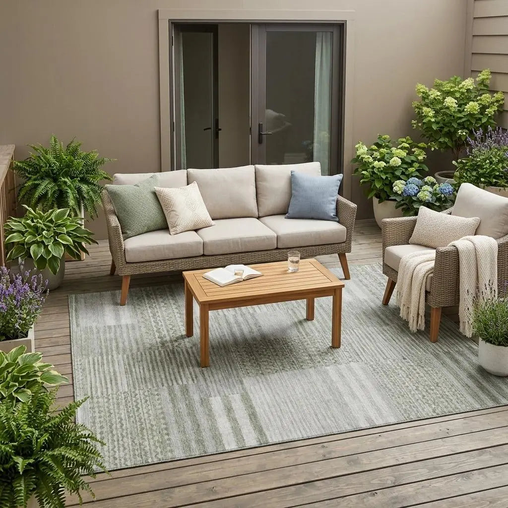 5' X 8' Sage And Green Striped Washable Indoor Outdoor Area Rug Homeroots Outdoor