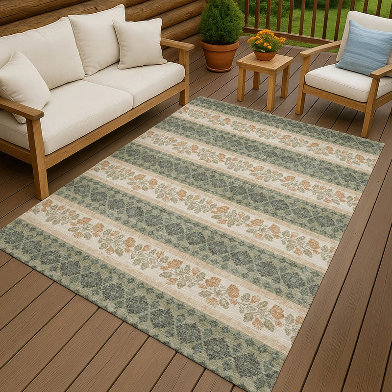 5' X 8' Sage And Ivory Striped Washable Indoor Outdoor Area Rug Homeroots Outdoor