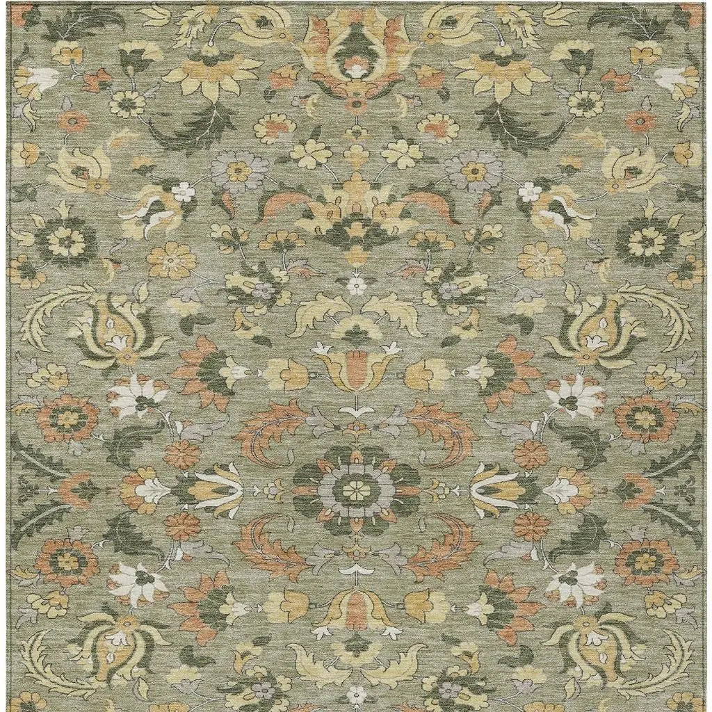 5' X 8' Sage And Olive Green Floral Medallion Washable Indoor Outdoor Area Rug Homeroots Outdoor