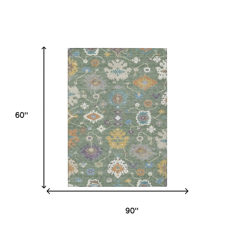 5' X 8' Sage And Orange Oriental Washable Indoor Outdoor Area Rug Homeroots Outdoor