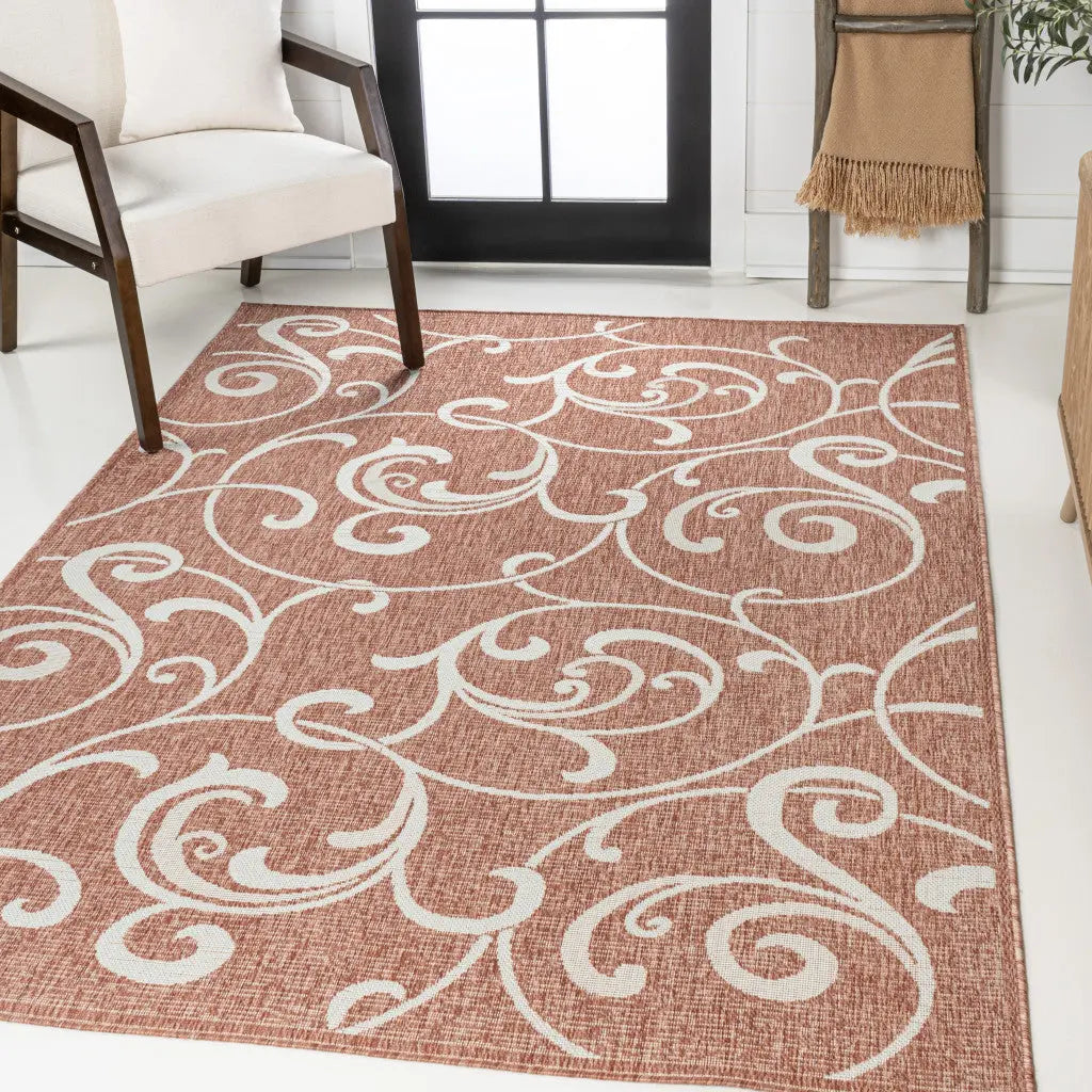 5' X 8' Salmon And Cream Floral Indoor Outdoor Area Rug - GreatEagleInc