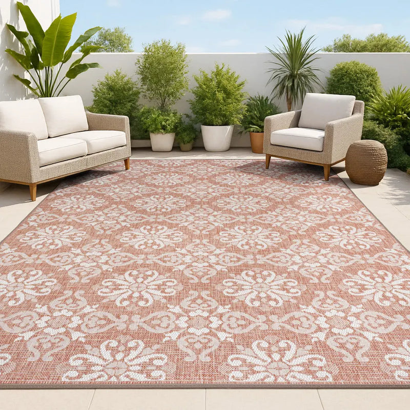 5' X 8' Salmon And Cream Floral Indoor Outdoor Area Rug Homeroots Outdoor
