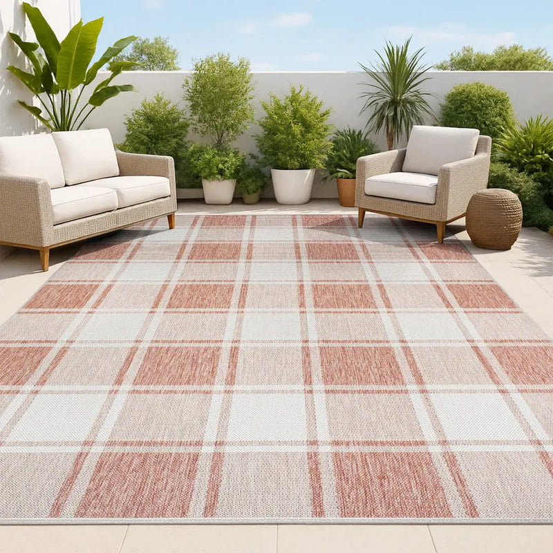 5' X 8' Salmon And Cream Gingham Indoor Outdoor Area Rug - GreatEagleInc