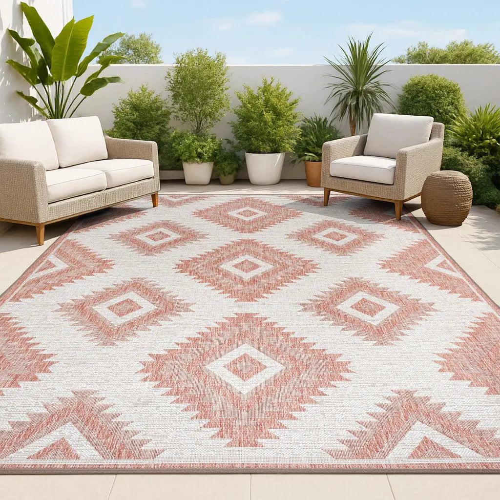 5' X 8' Salmon And Cream Moroccan Indoor Outdoor Area Rug - GreatEagleInc