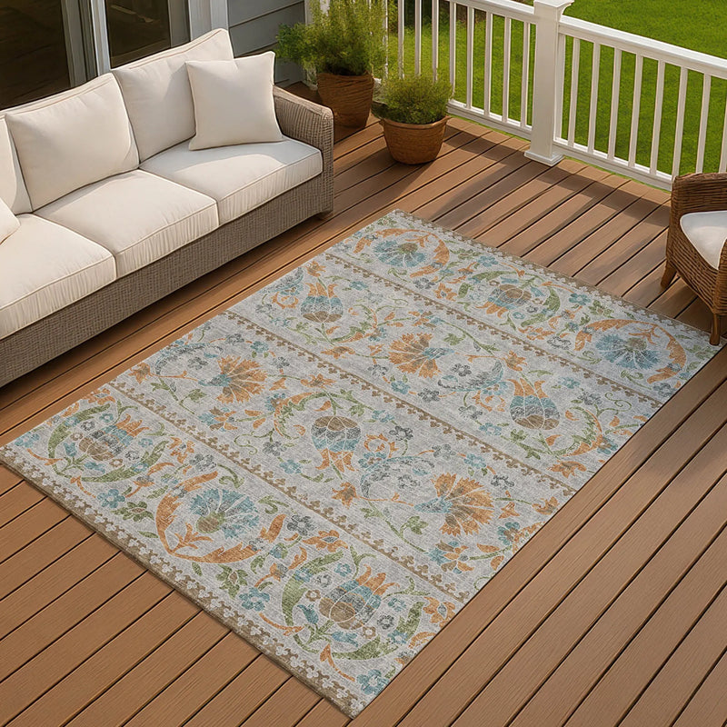 5' X 8' Silver And Brown Floral Washable Indoor Outdoor Area Rug Homeroots Outdoor