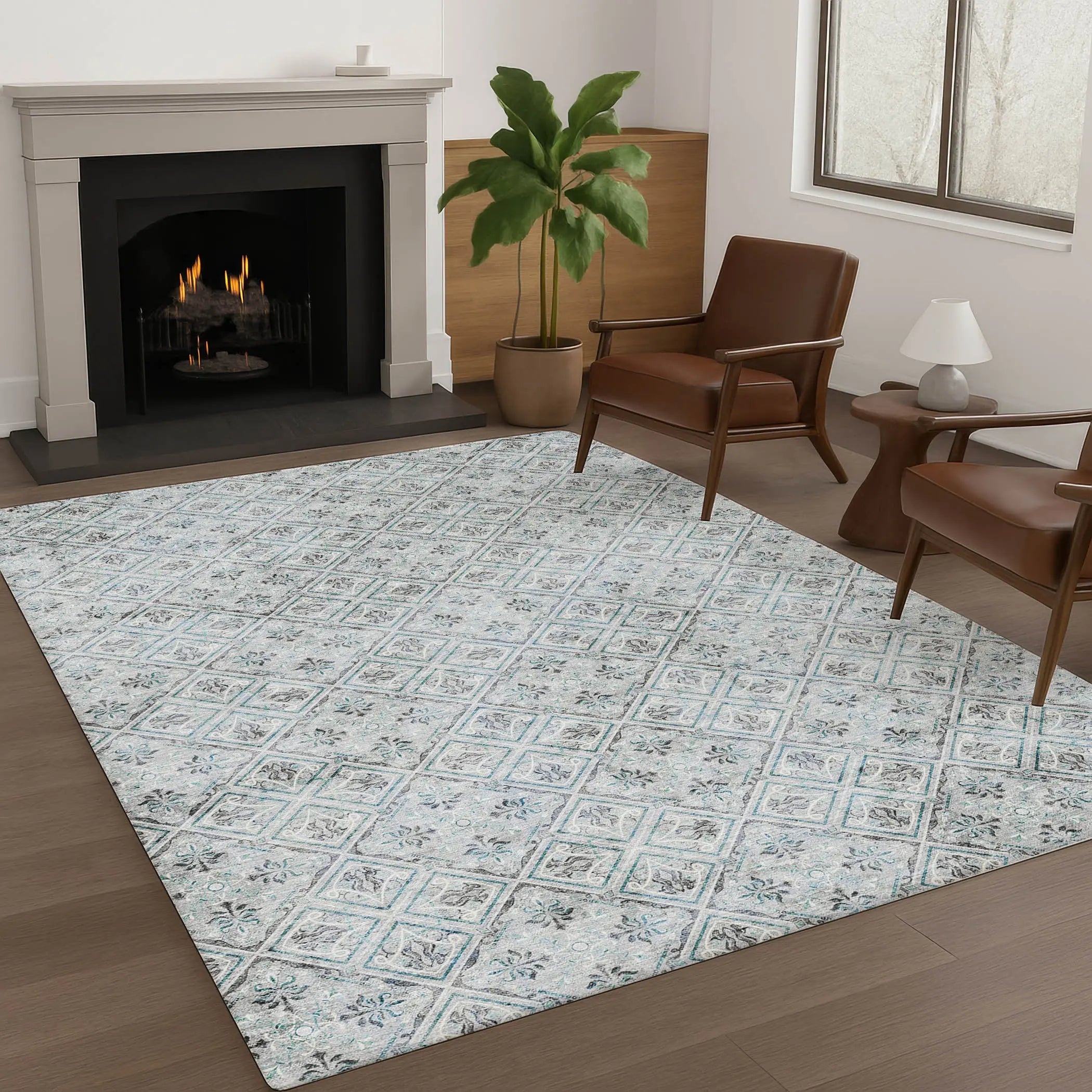 5' X 8' Silver And Brown Geometric Washable Indoor Outdoor Area Rug Homeroots Outdoor