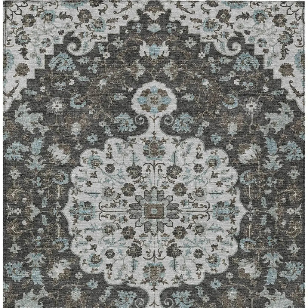 5' X 8' Silver And Charcoal Floral Medallion Washable Indoor Outdoor Area Rug Homeroots Outdoor