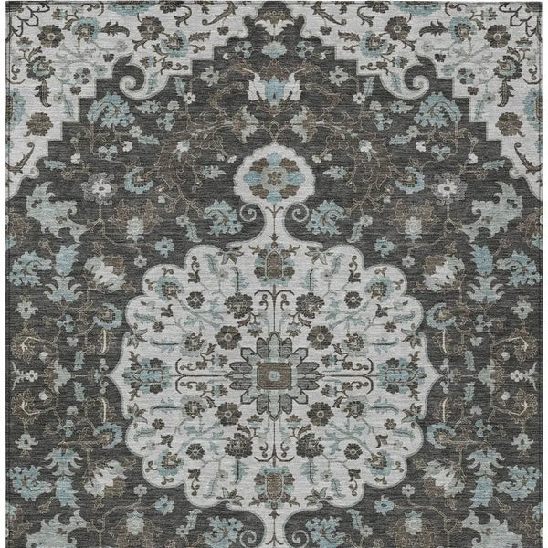 5' X 8' Silver And Charcoal Floral Medallion Washable Indoor Outdoor Area Rug Homeroots Outdoor
