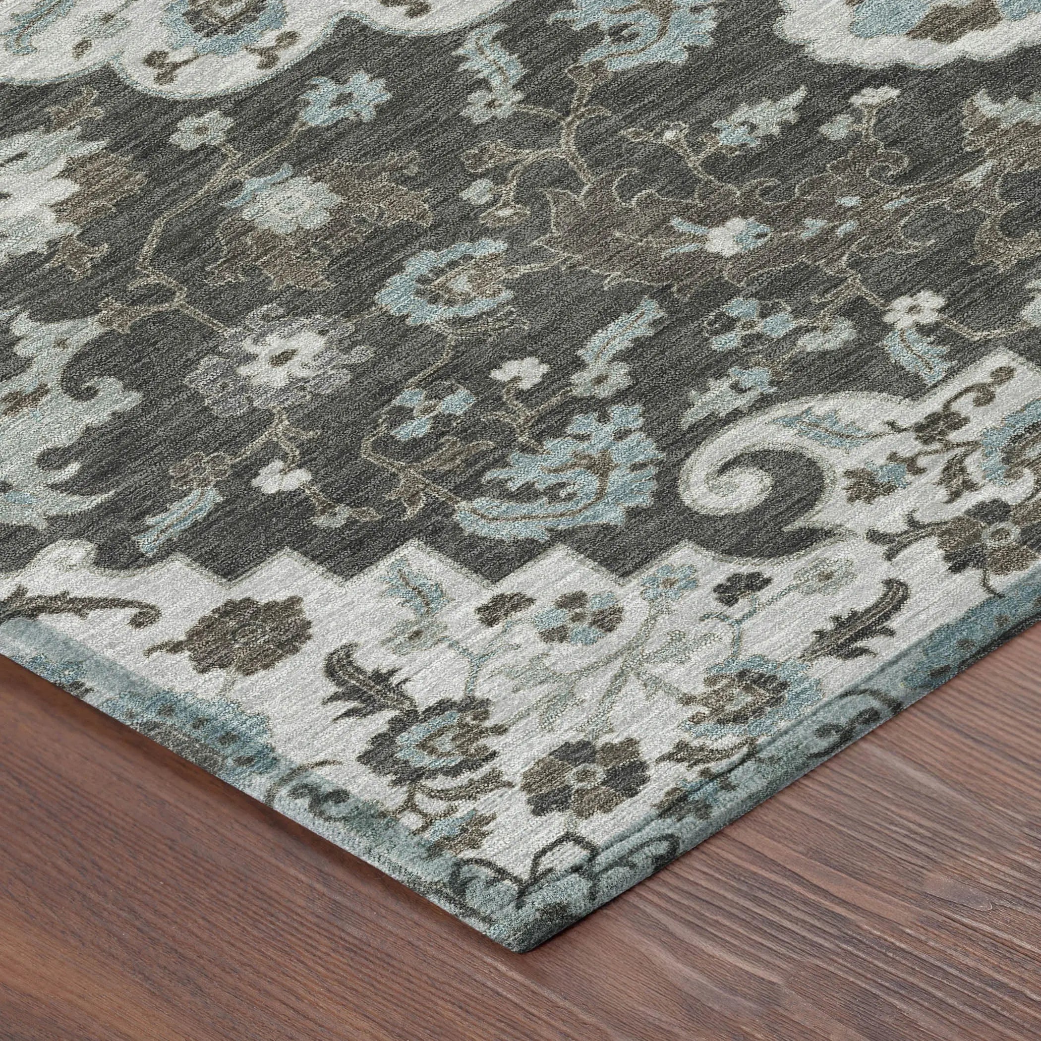 5' X 8' Silver And Charcoal Floral Medallion Washable Indoor Outdoor Area Rug Homeroots Outdoor