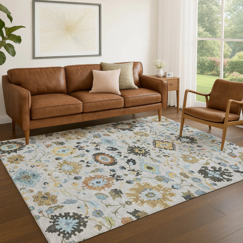 5' X 8' Silver And Charcoal Floral Medallion Washable Indoor Outdoor Area Rug Homeroots Outdoor