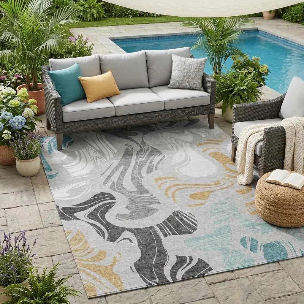 5' X 8' Silver And Gray Abstract Washable Indoor Outdoor Area Rug Homeroots Outdoor