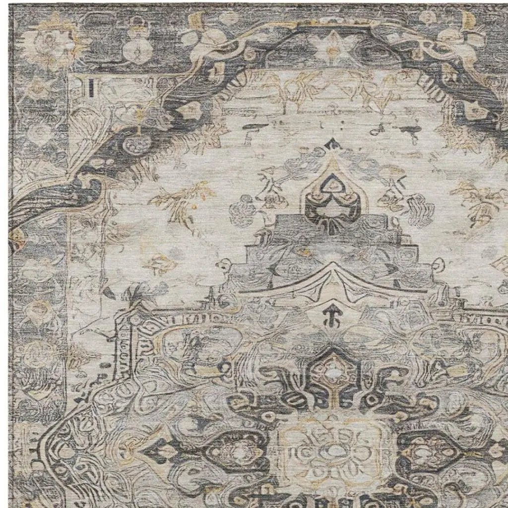 5' X 8' Silver And Gray Floral Medallion Washable Indoor Outdoor Area Rug Homeroots Outdoor