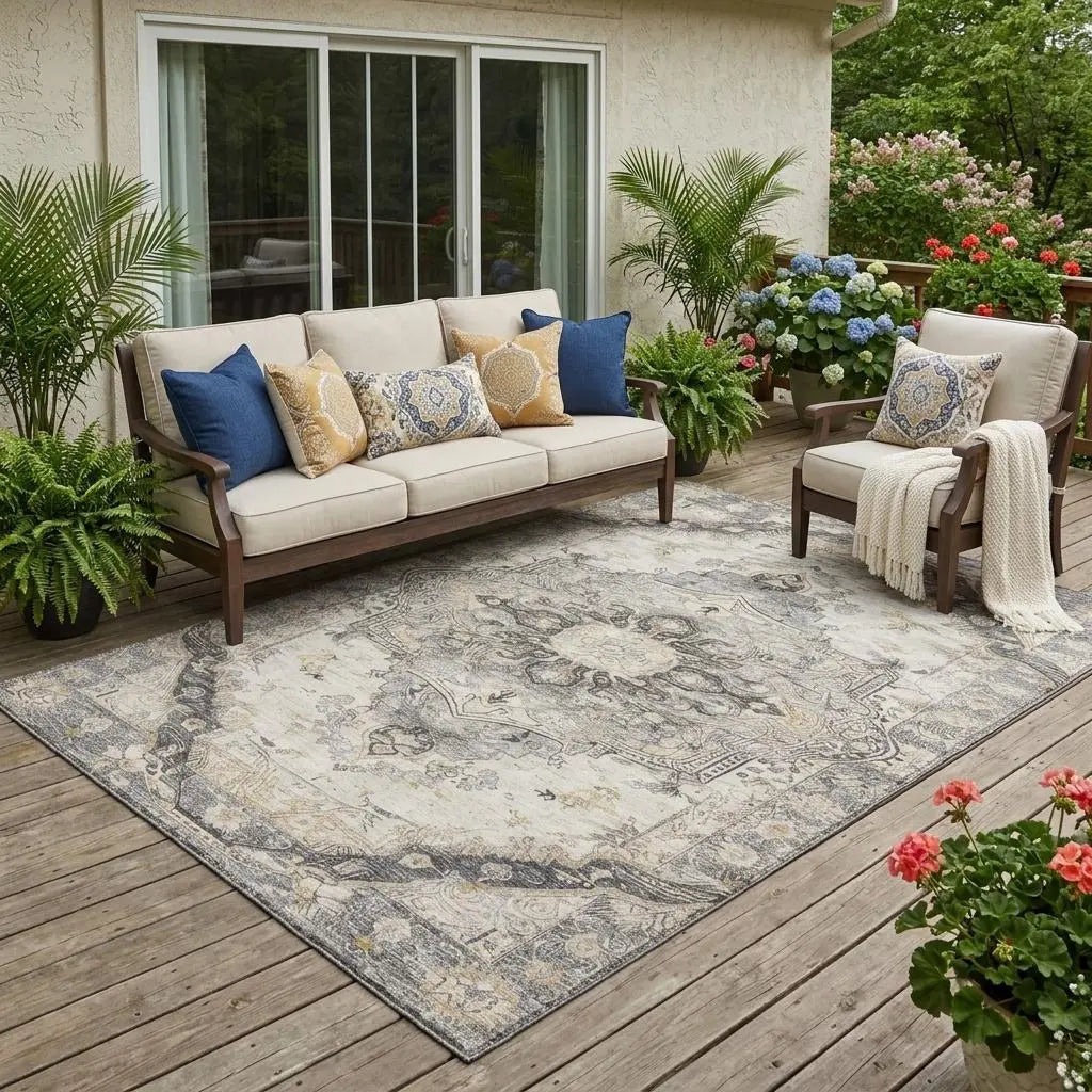 5' X 8' Silver And Gray Floral Medallion Washable Indoor Outdoor Area Rug Homeroots Outdoor