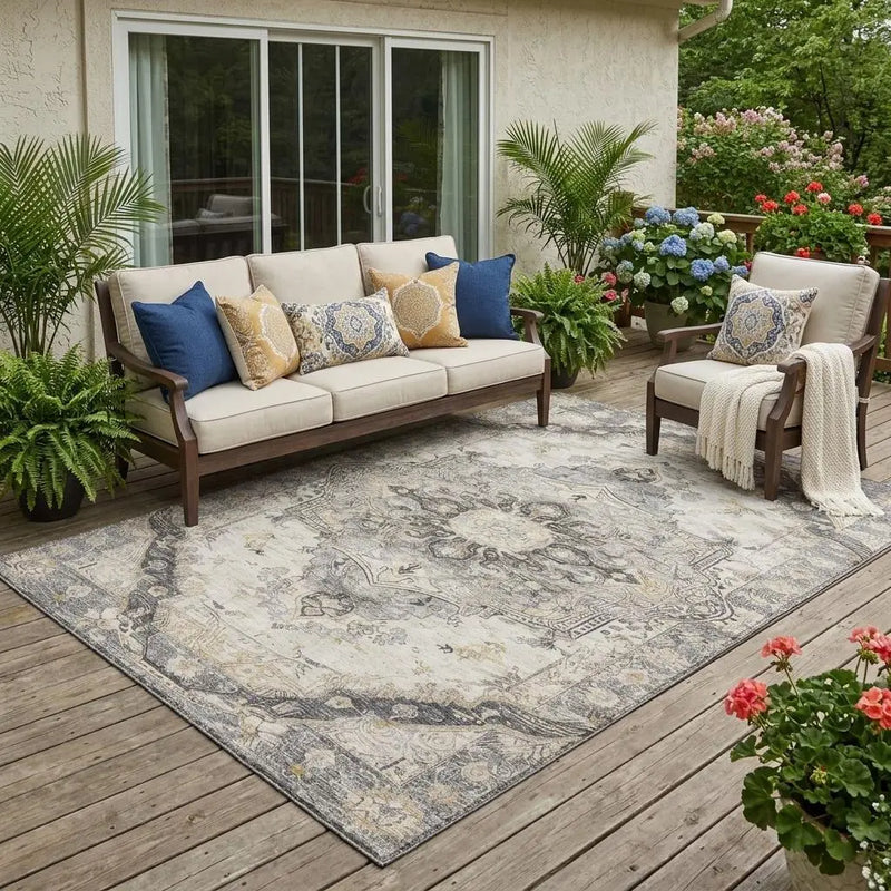 5' X 8' Silver And Gray Floral Medallion Washable Indoor Outdoor Area Rug Homeroots Outdoor