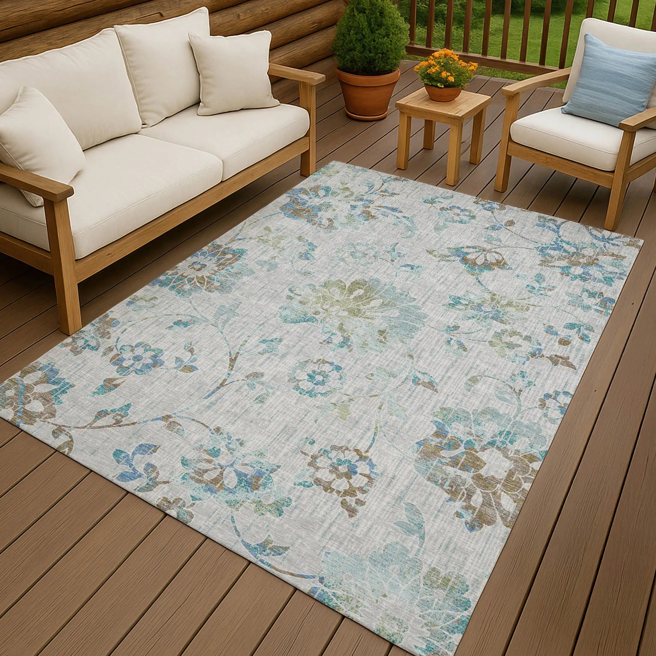 5' X 8' Silver And Gray Floral Washable Indoor Outdoor Area Rug Homeroots Outdoor