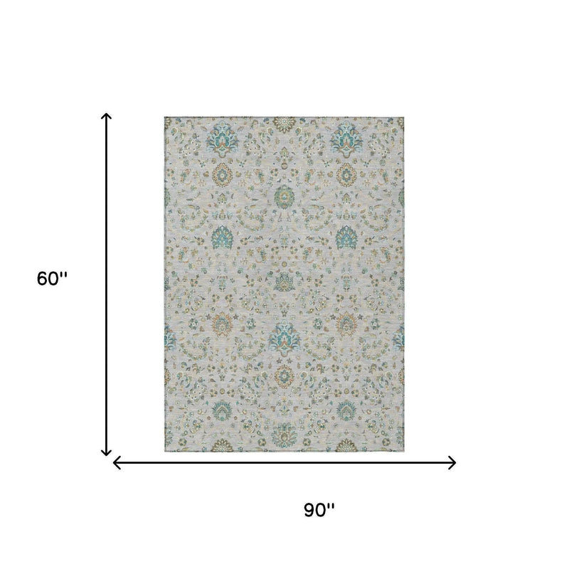 5' X 8' Silver And Gray Floral Washable Indoor Outdoor Area Rug Homeroots Outdoor