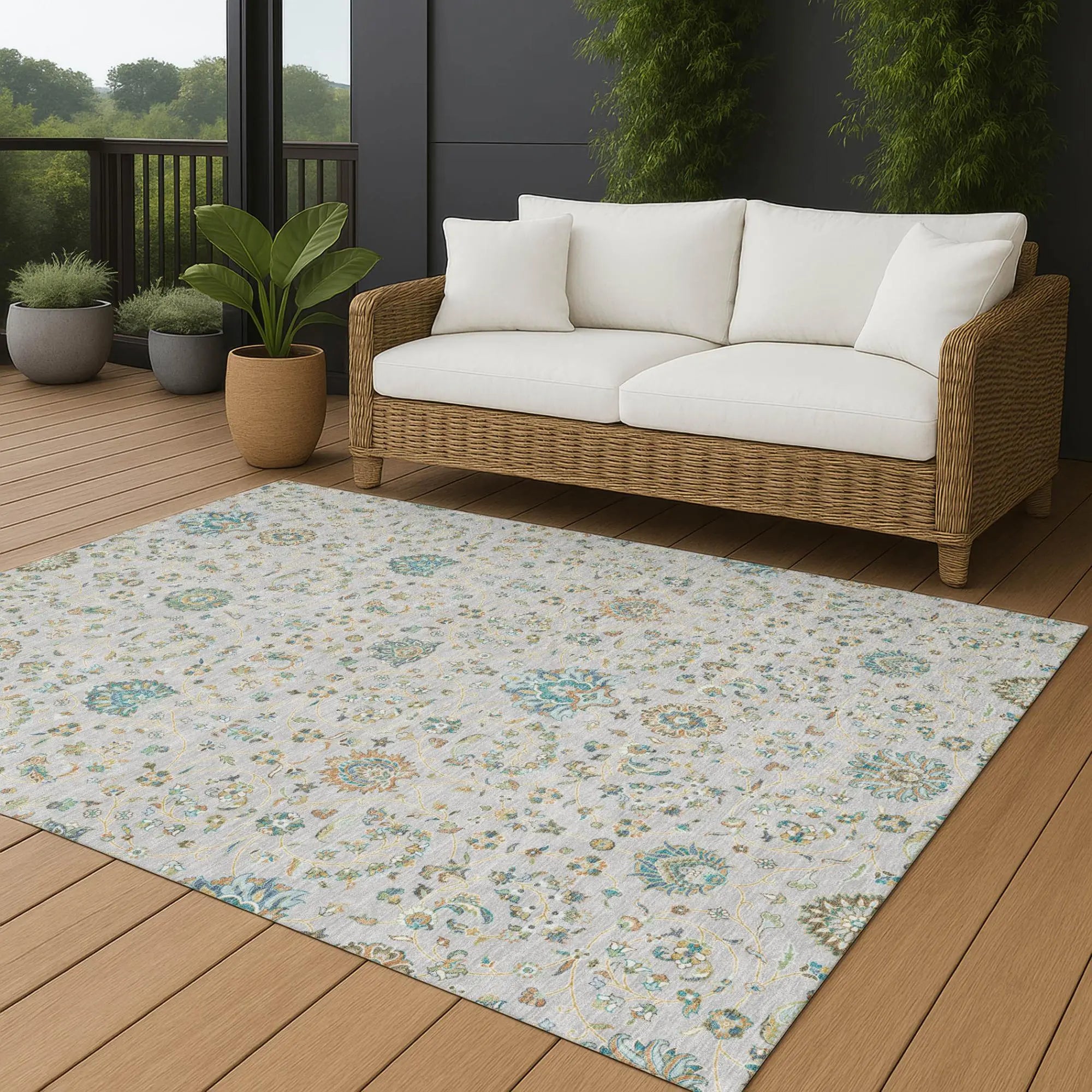 5' X 8' Silver And Gray Floral Washable Indoor Outdoor Area Rug Homeroots Outdoor