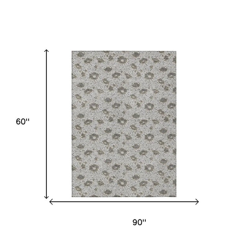 5' X 8' Silver And Gray Floral Washable Indoor Outdoor Area Rug Homeroots Outdoor