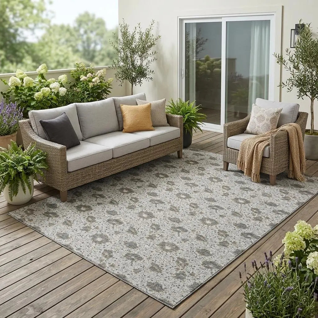 5' X 8' Silver And Gray Floral Washable Indoor Outdoor Area Rug Homeroots Outdoor
