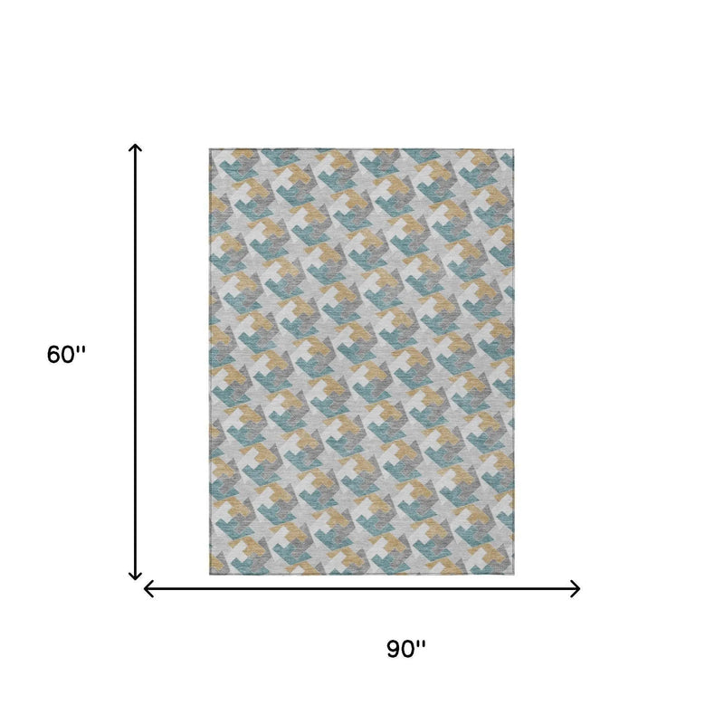 5' X 8' Silver And Gray Geometric Washable Indoor Outdoor Area Rug Homeroots Outdoor