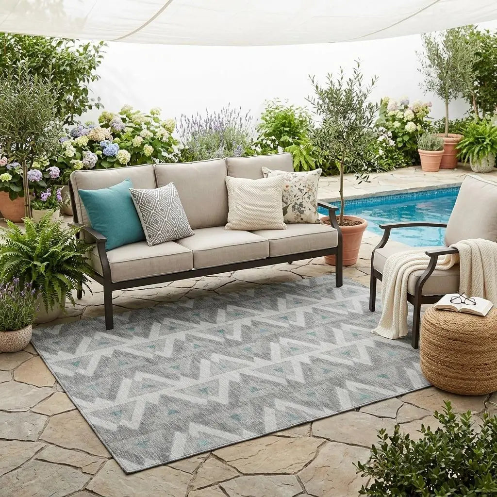5' X 8' Silver And Gray Geometric Washable Indoor Outdoor Area Rug Homeroots Outdoor