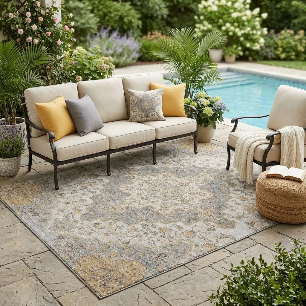 5' X 8' Silver And Gray Medallion Washable Indoor Outdoor Area Rug Homeroots Outdoor