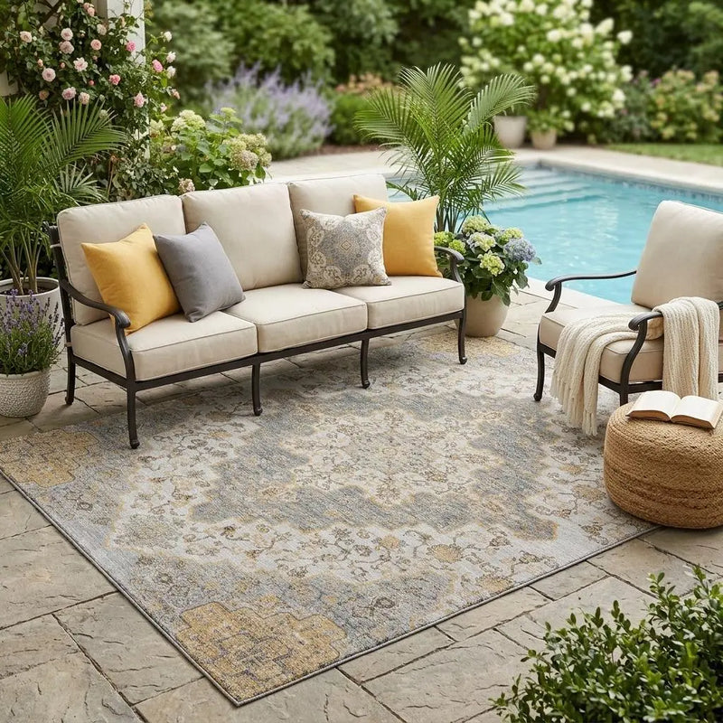 5' X 8' Silver And Gray Medallion Washable Indoor Outdoor Area Rug Homeroots Outdoor