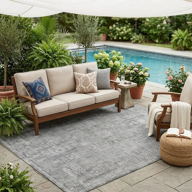 5' X 8' Silver And Gray Oriental Washable Indoor Outdoor Area Rug Homeroots Outdoor