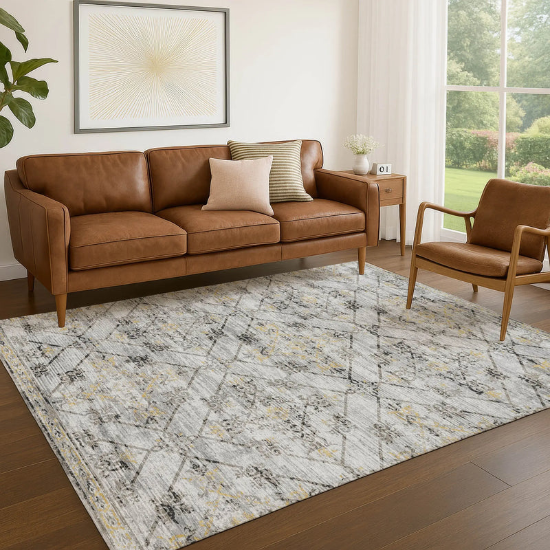 5' X 8' Silver And Ivory Geometric Washable Indoor Outdoor Area Rug Homeroots Outdoor