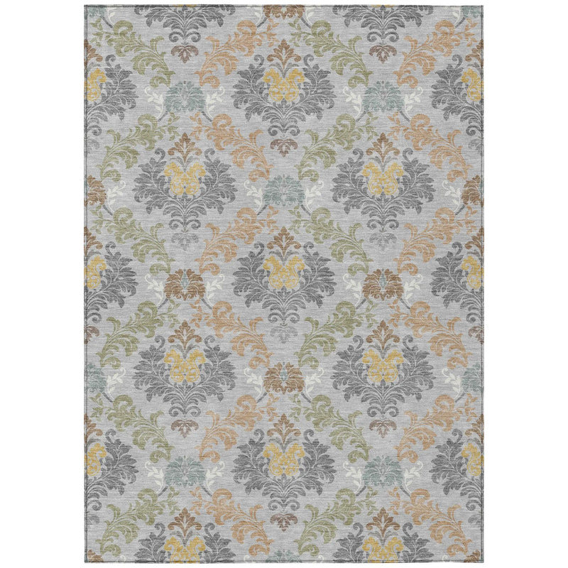 5' X 8' Silver And Sage Damask Washable Indoor Outdoor Area Rug Homeroots Outdoor